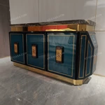 Three-Door Sideboard with Dark Blue High-Gloss Lacquer Panels Gold Metal Trim Natural Marble Top and Polished Gold Stainless Steel Base